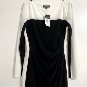 LAUREN RALPH LAUREN Black and White Color Block Long Sleeve Sheath Dress